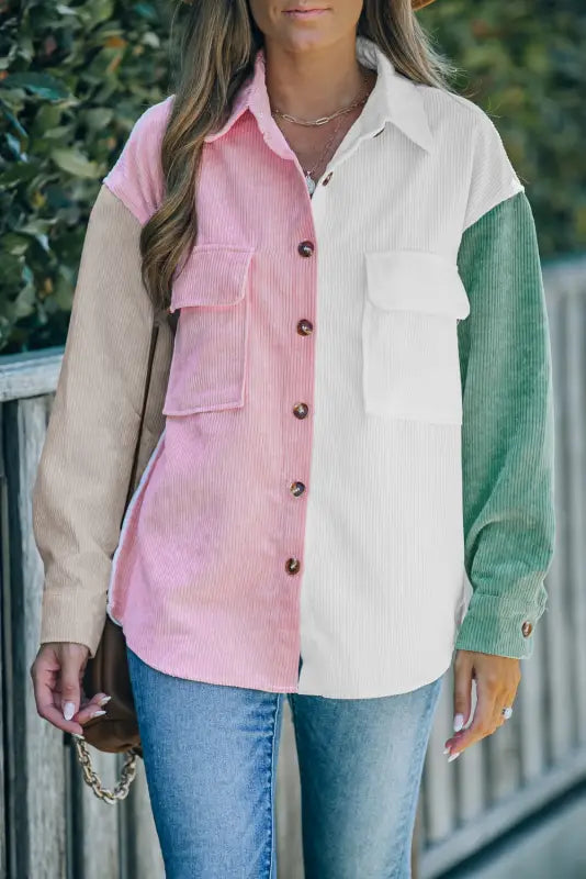 White color block button shirt with pocket - tops