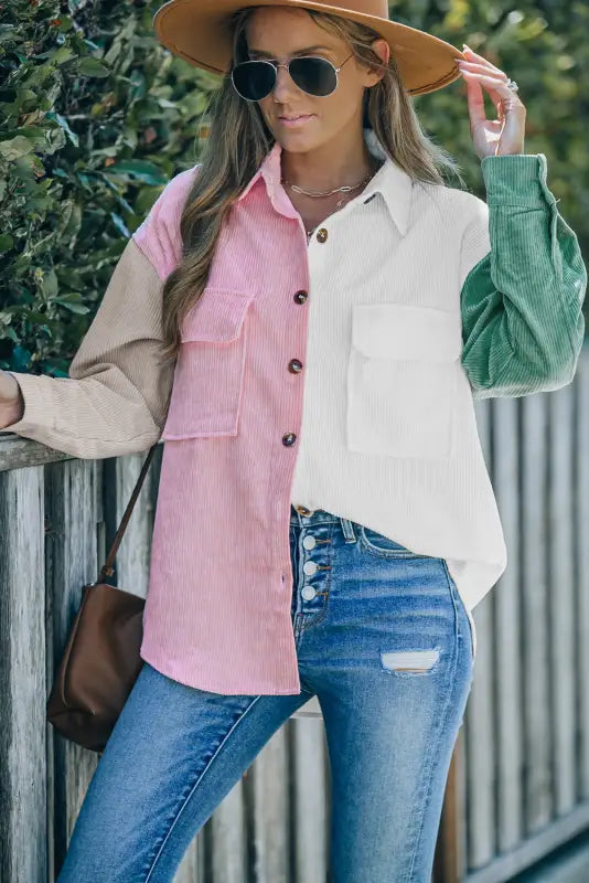 White color block button shirt with pocket - tops