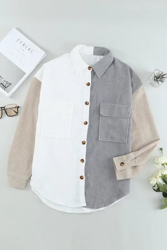 White color block button shirt with pocket - tops