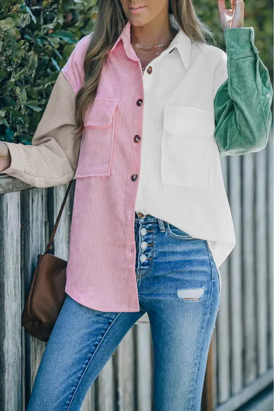 White color block button shirt with pocket - tops