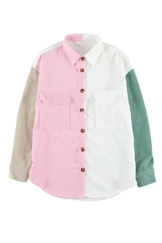 White color block button shirt with pocket - tops