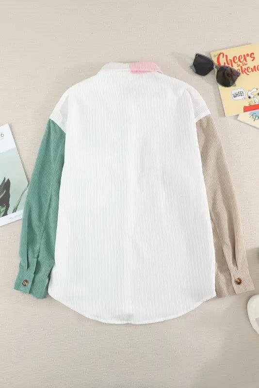 White color block button shirt with pocket - tops