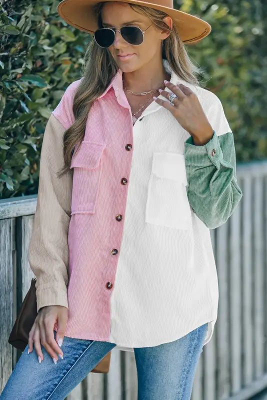 White color block button shirt with pocket - tops