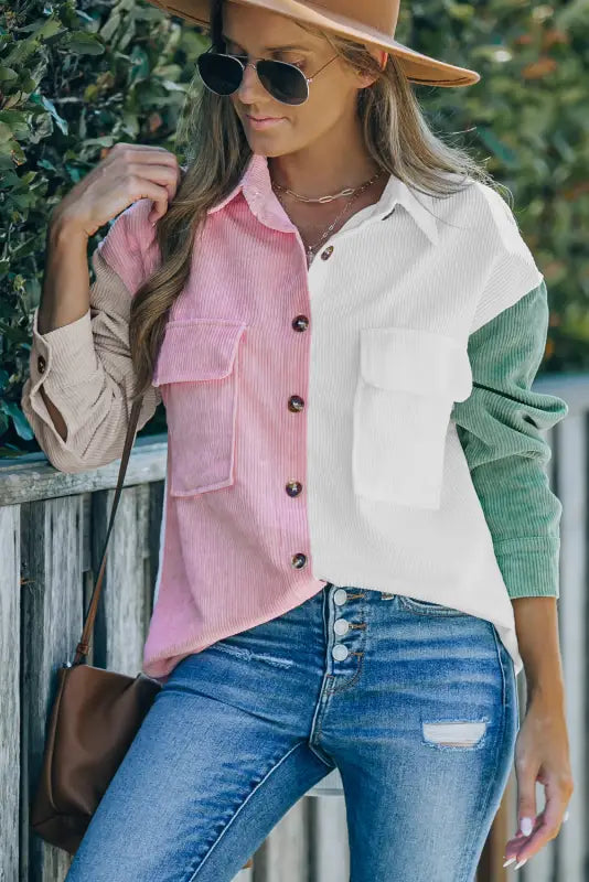 White color block button shirt with pocket - tops