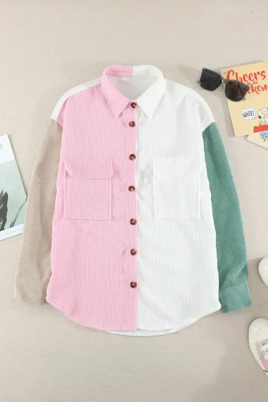 White color block button shirt with pocket - tops