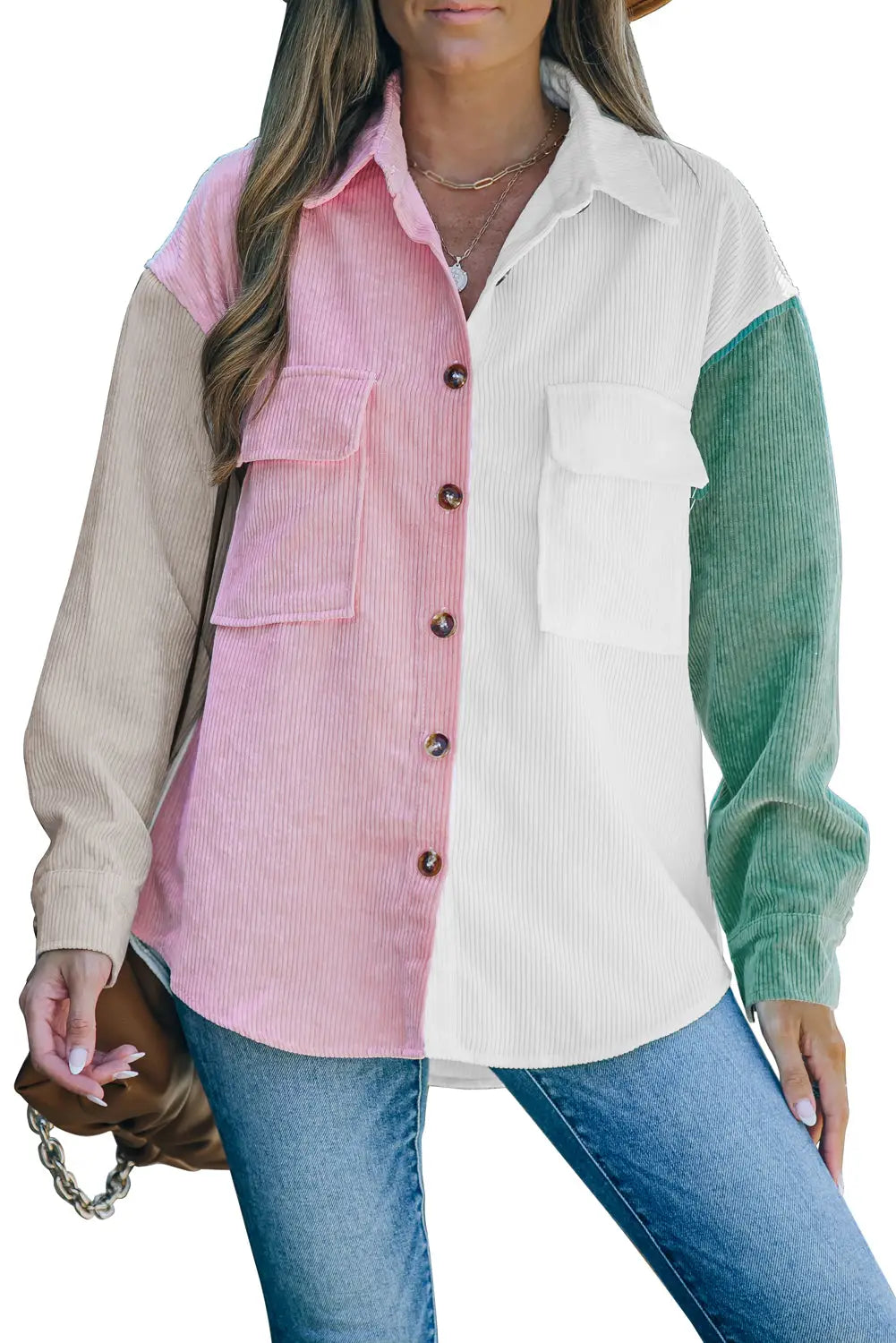 White color block button shirt with pocket - tops