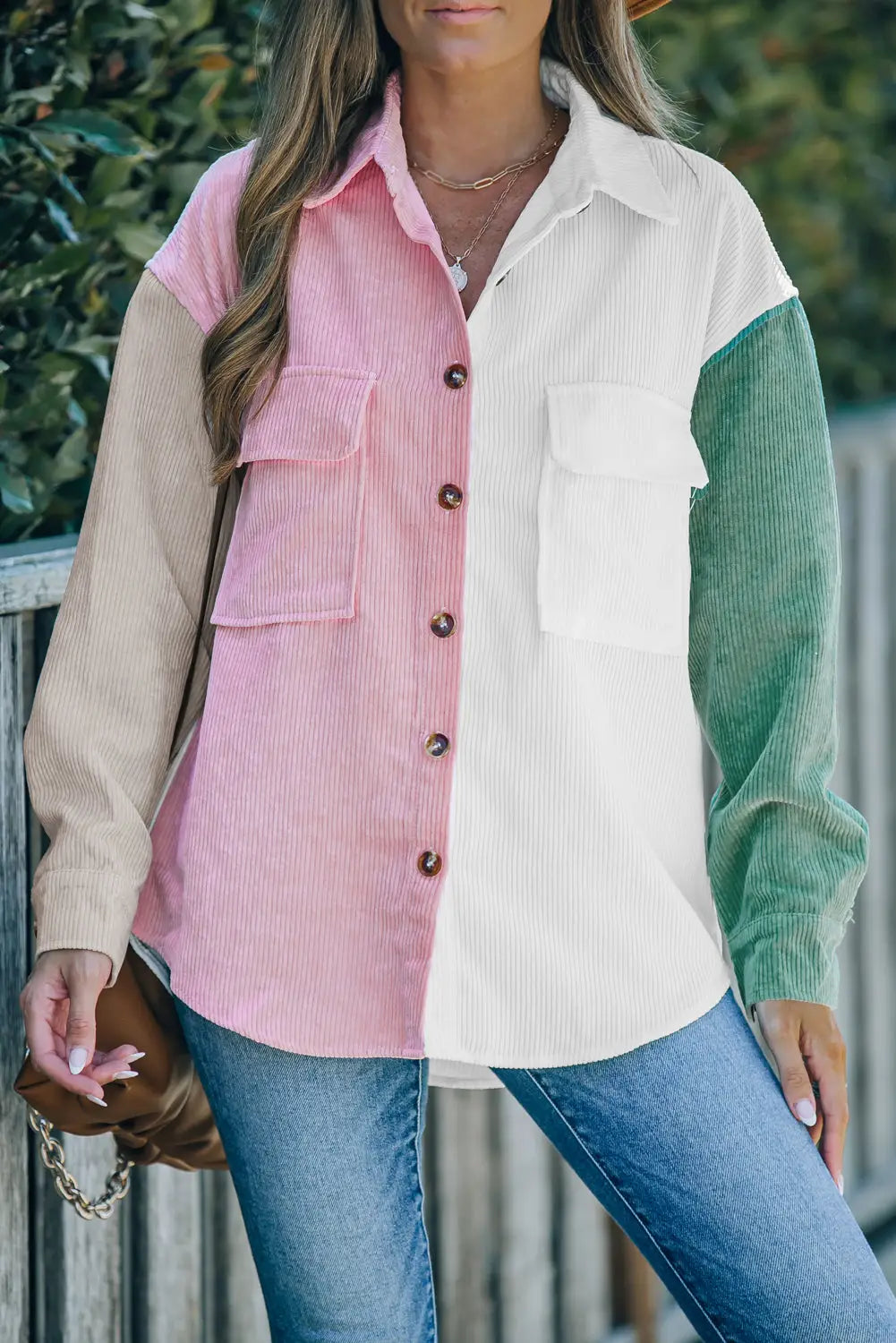 White color block button shirt with pocket - tops