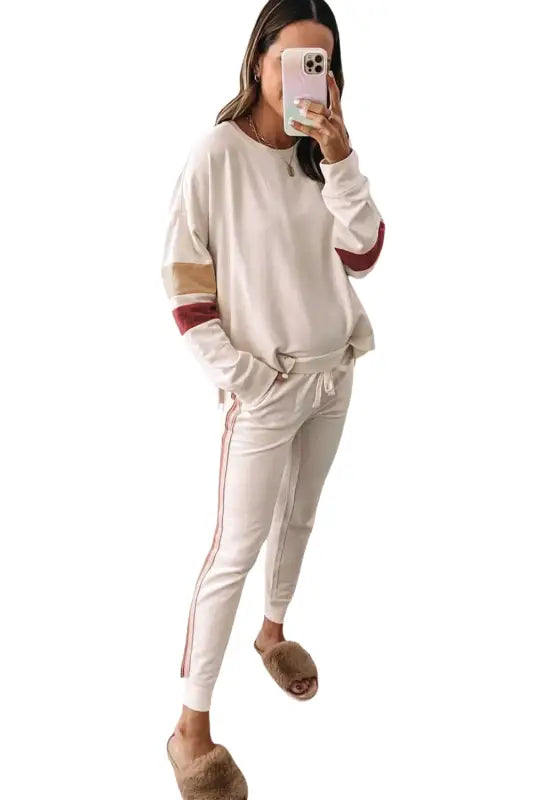 White color block sleeve contrast trim sideseam lounge set - pants sets