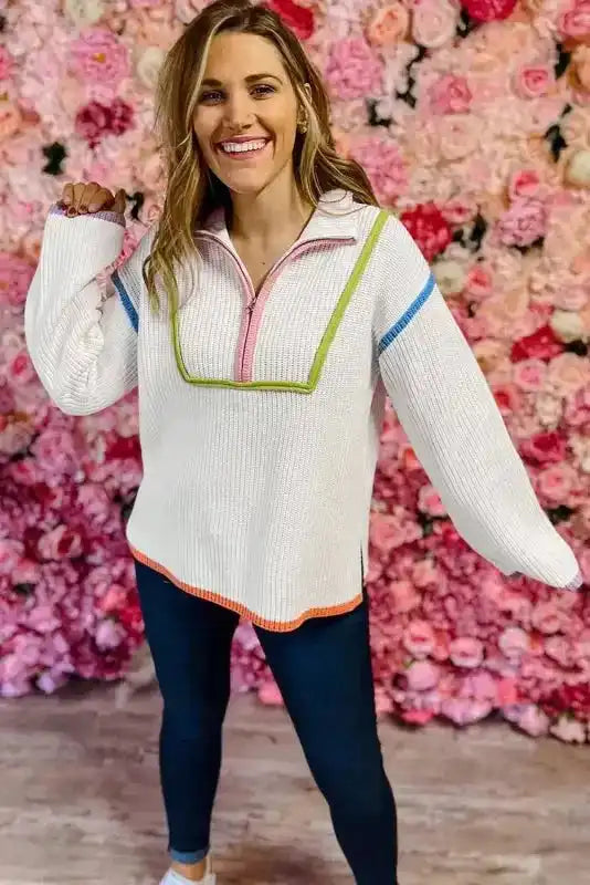 Model wearing White Colorful Edge Quarter Zip Sweater with multicolor accents, perfect for casual Southern Belle winter outfits.
