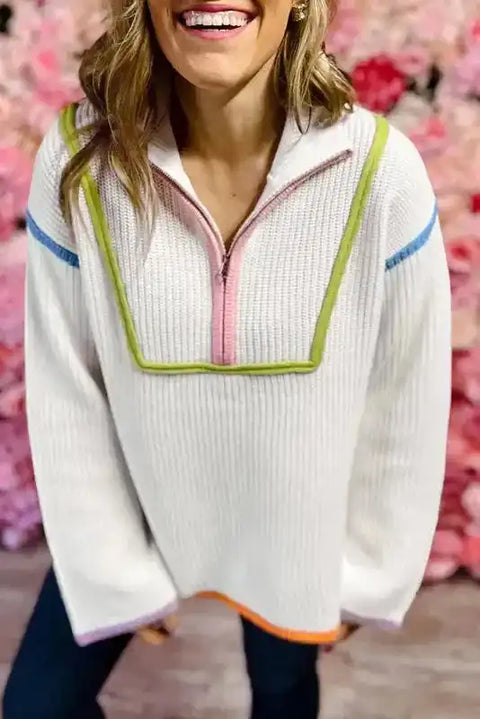 White colourful edge quarter zip sweater front view — Fashionfitz UK