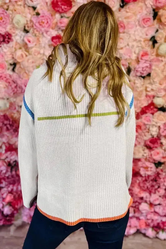 White Colorful Edge Quarter Zip Sweater - Fashionfitz