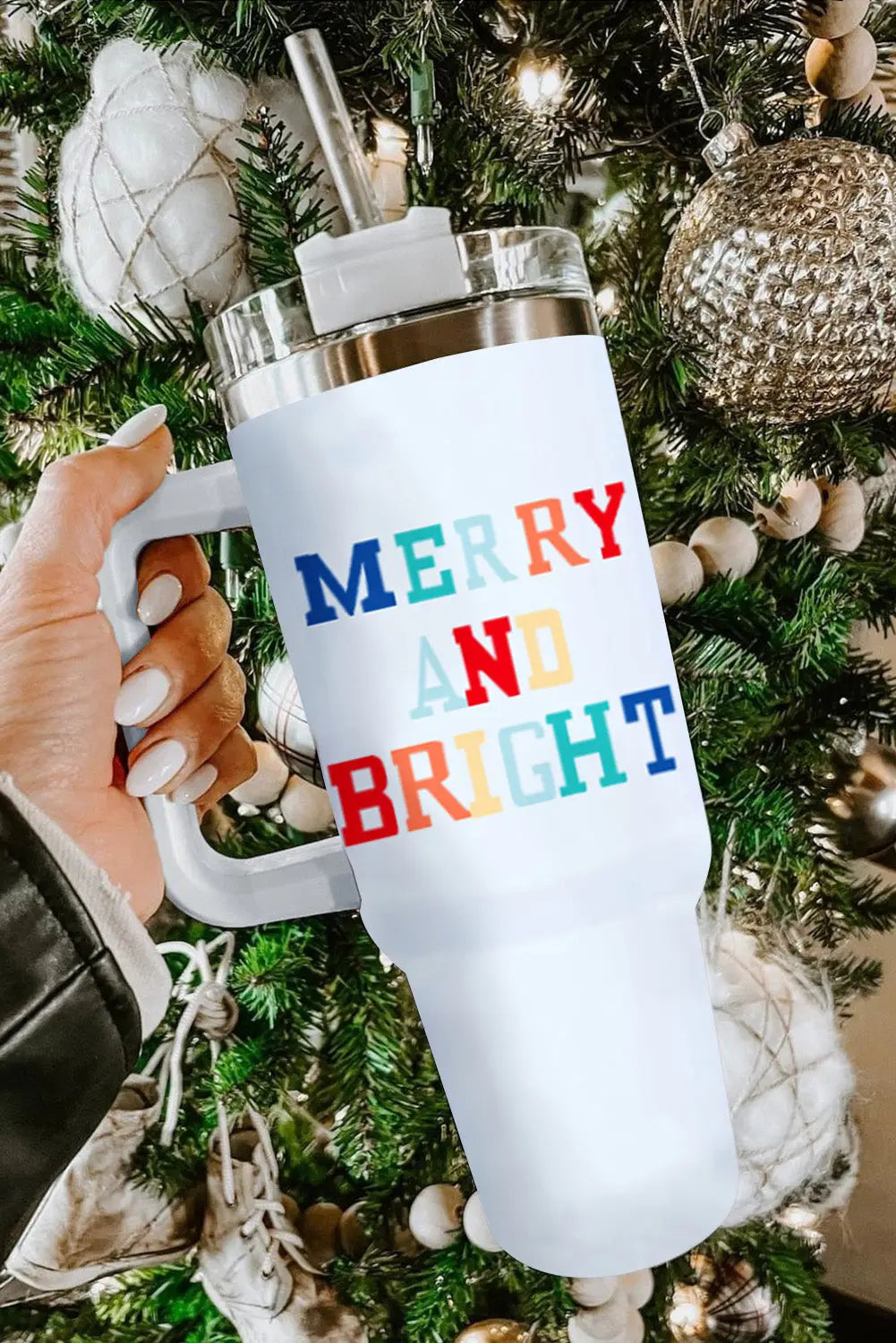 White colorful merry and bright stainless steel vacuum cup -