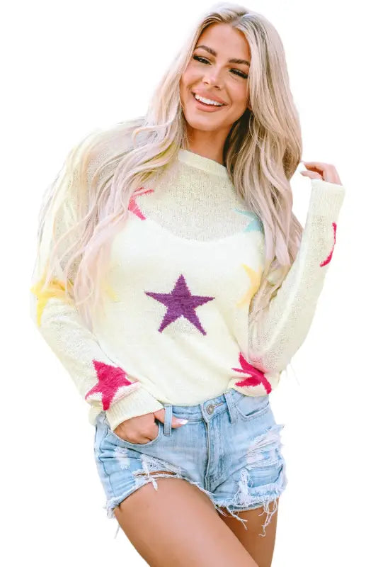 White colorful star pattern loose sweater - sweaters & cardigans