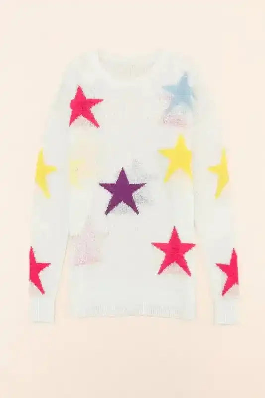 White Colorful Star Pattern Loose Sweater - Fashionfitz