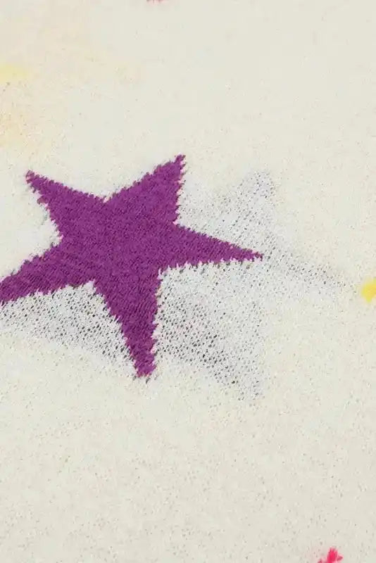 White Colorful Star Pattern Loose Sweater - Fashionfitz