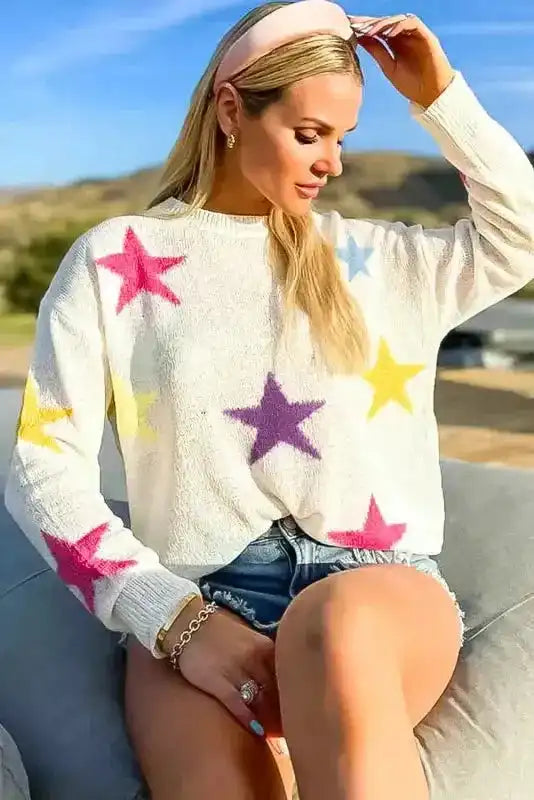 White Colorful Star Pattern Loose Sweater - Fashionfitz