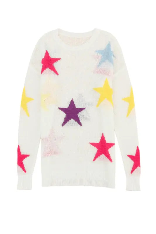 White colorful star pattern loose sweater - sweaters & cardigans