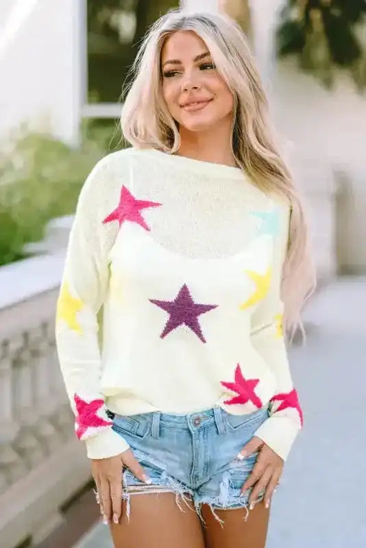 White Colorful Star Pattern Loose Sweater - Fashionfitz
