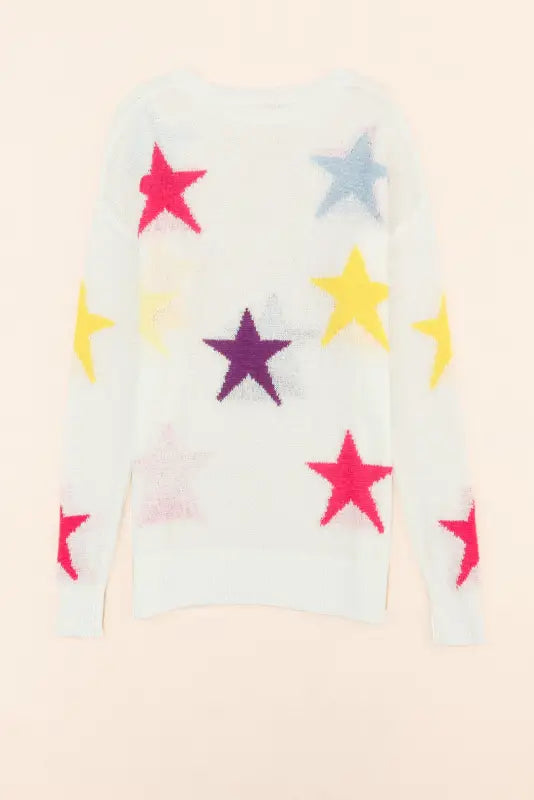 White colorful star pattern loose sweater - sweaters & cardigans