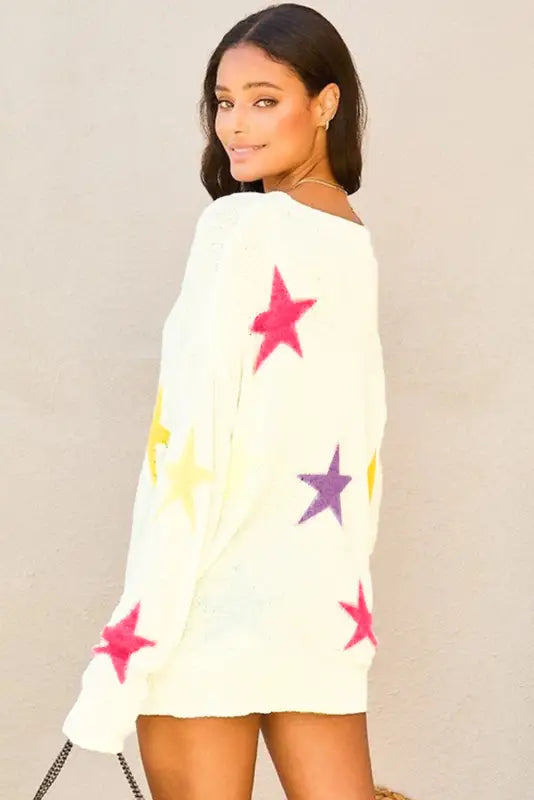 White colorful star pattern loose sweater - sweaters & cardigans