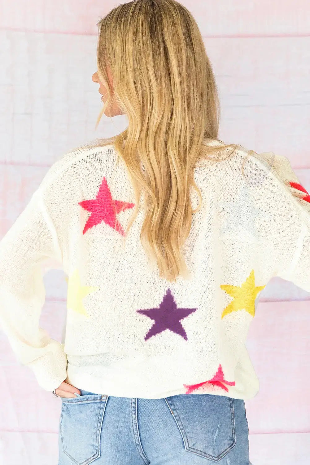 White colorful star pattern loose sweater - sweaters & cardigans