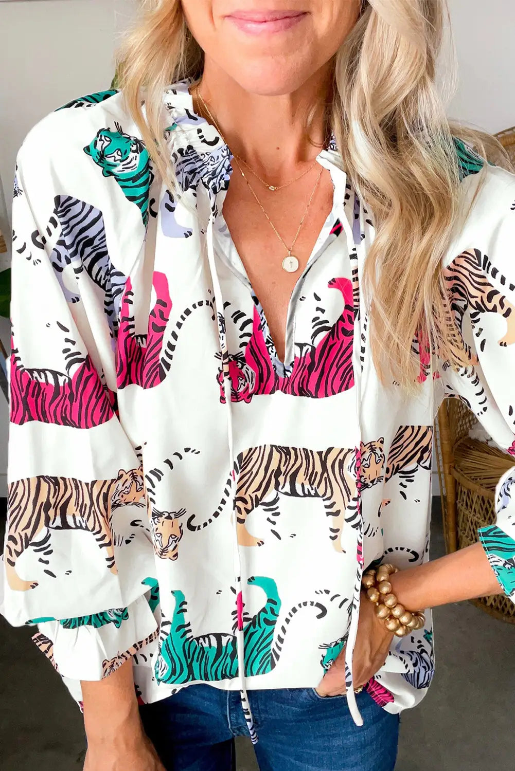 White colorful tiger print blouse - s / 100% polyester - tops/blouses & shirts