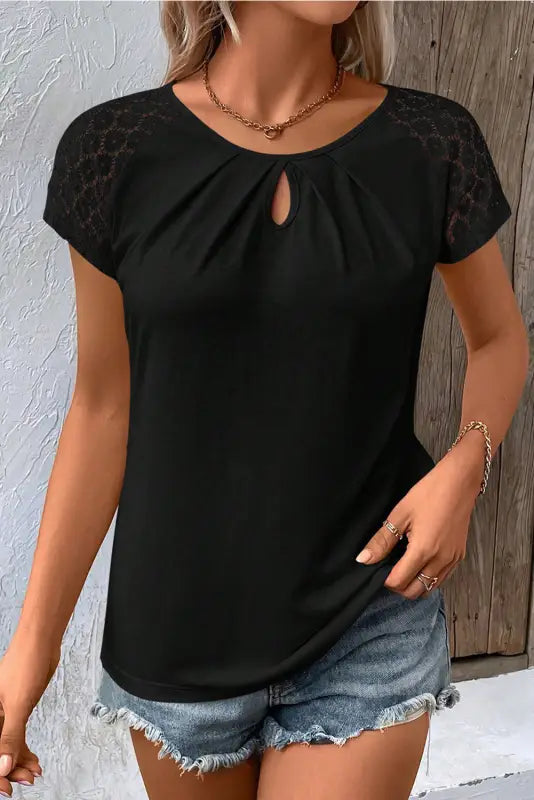 White contrast lace sleeve keyhole decor top - t-shirts