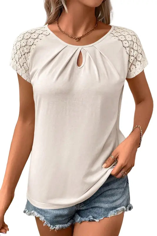 White contrast lace sleeve keyhole decor top - t-shirts