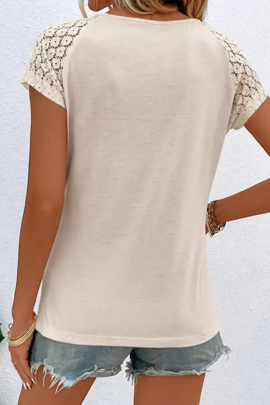 White contrast lace sleeve keyhole decor top - t-shirts