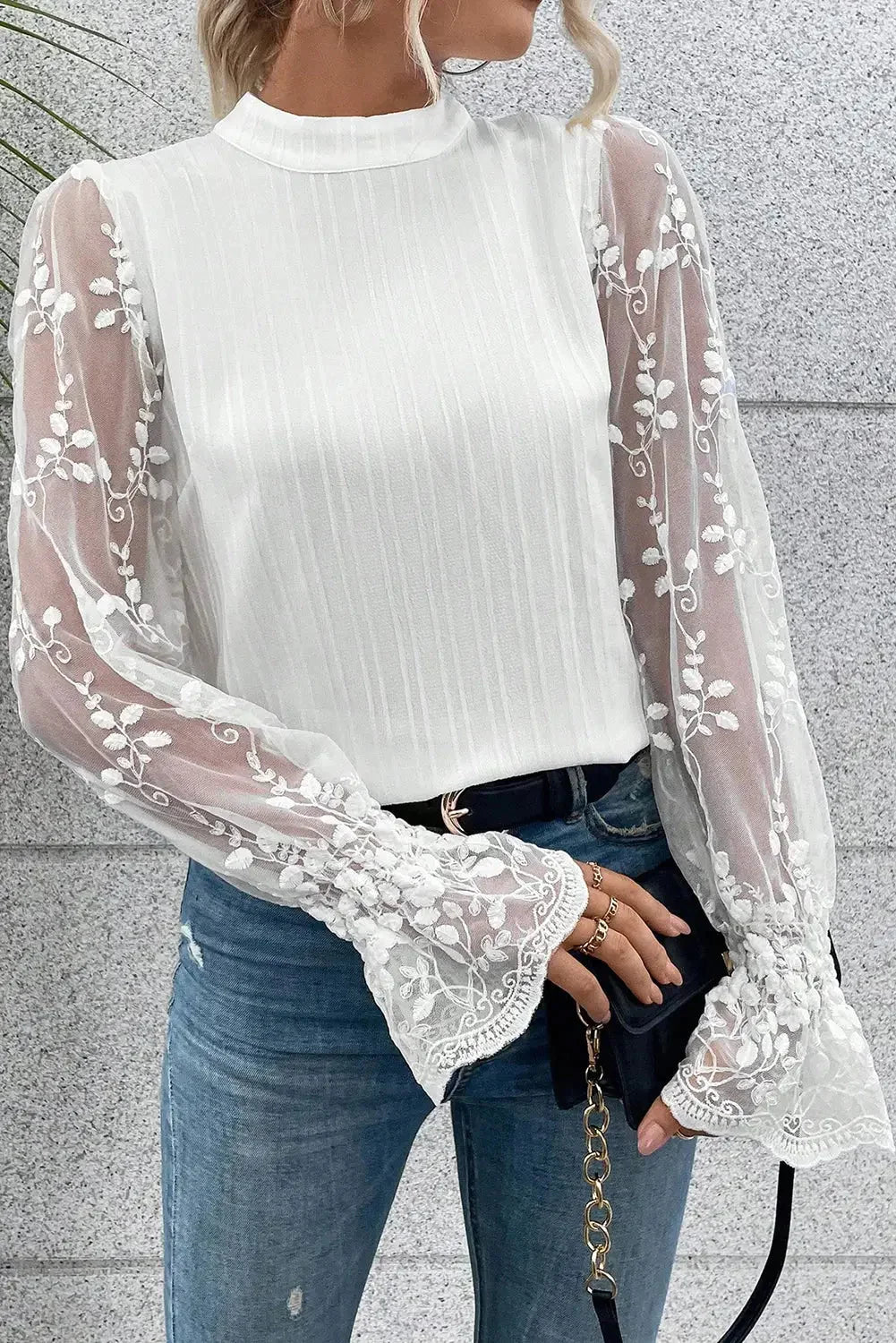 White contrast lace sleeve mock neck textured blouse - l / 95% polyester + 5% elastane - blouses & shirts
