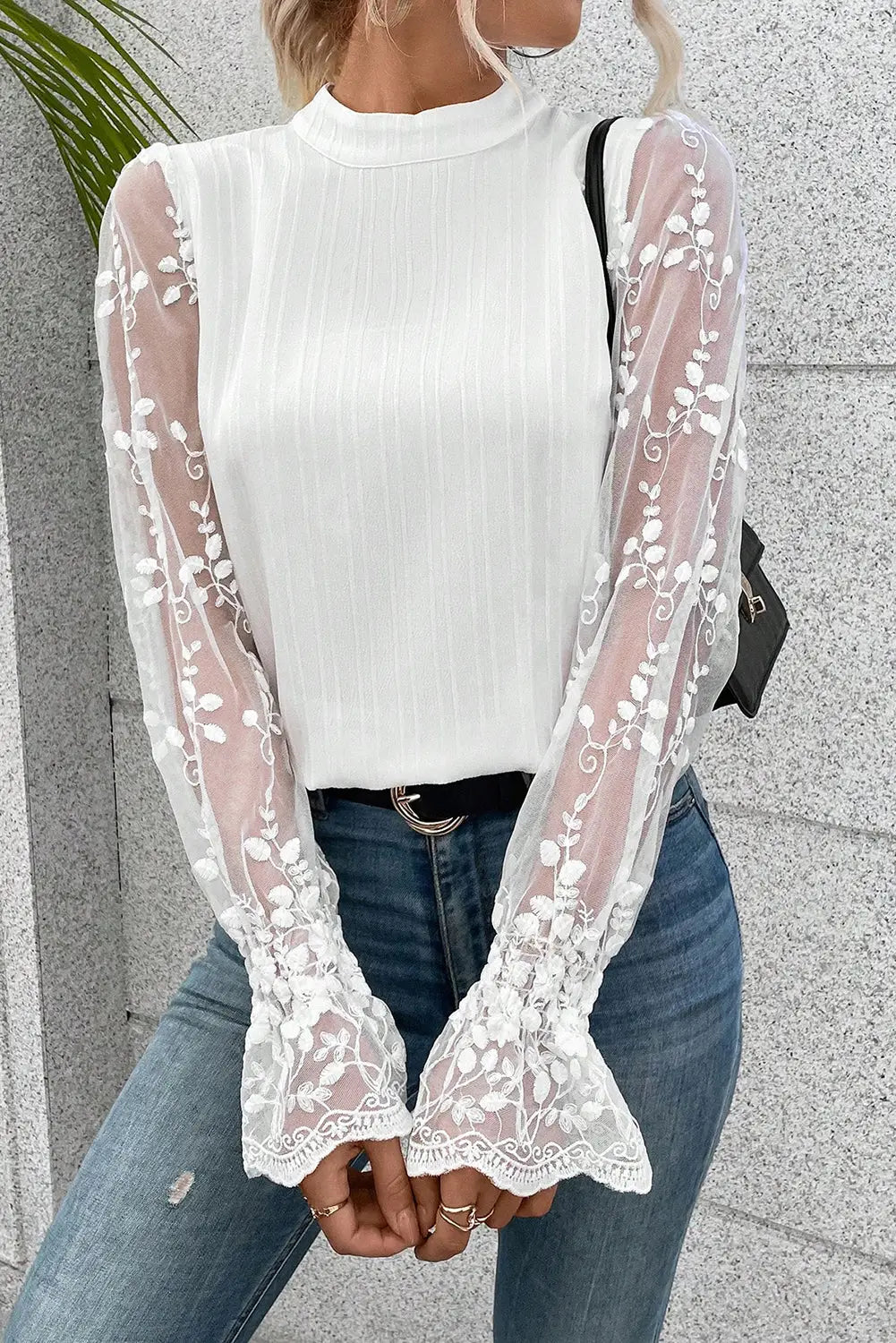 White contrast lace sleeve mock neck textured blouse - blouses & shirts