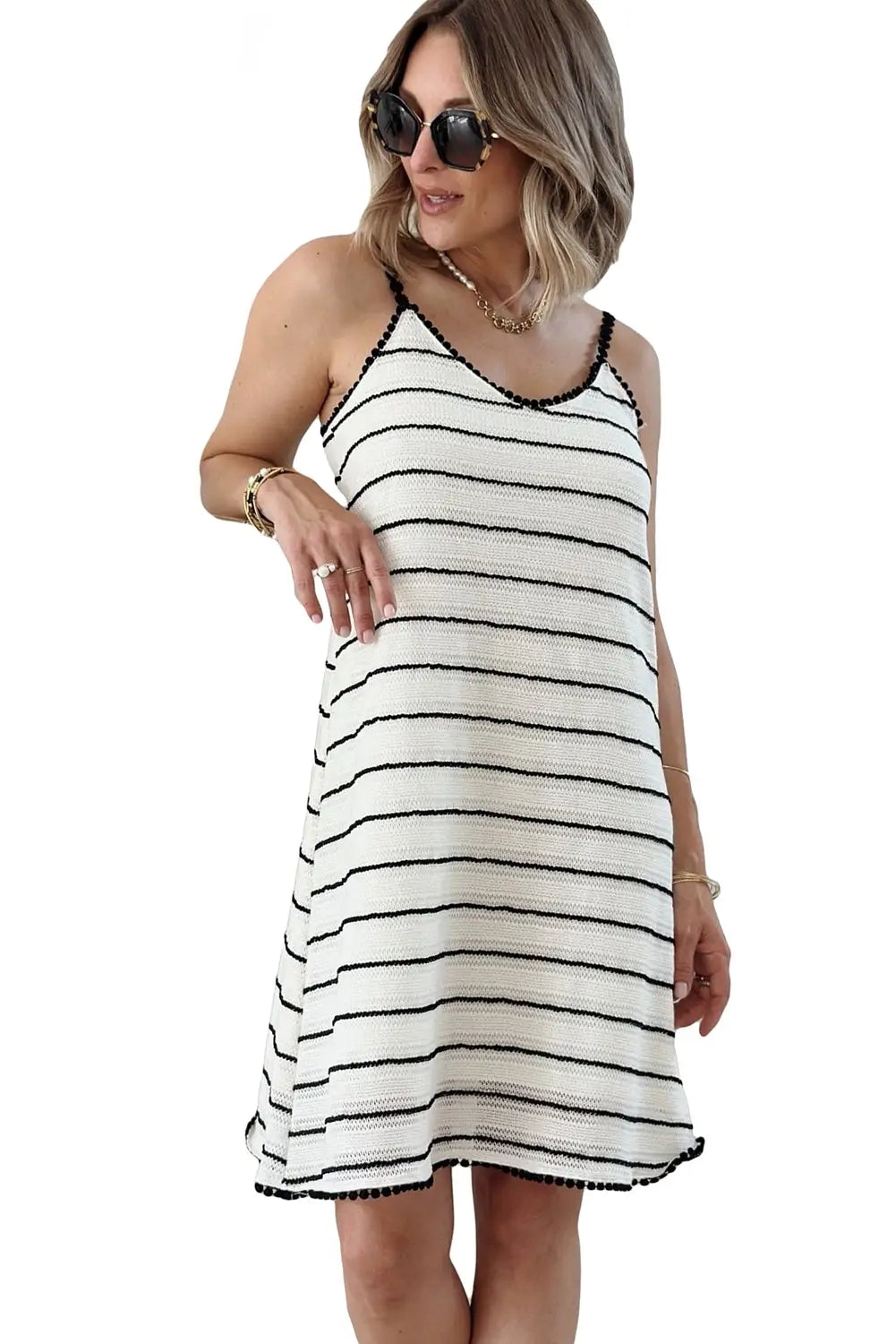 White contrast lace trim striped knit slip dress - mini dresses