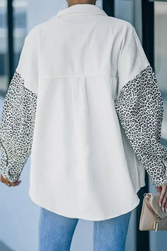 White contrast leopard denim jacket - outerwear