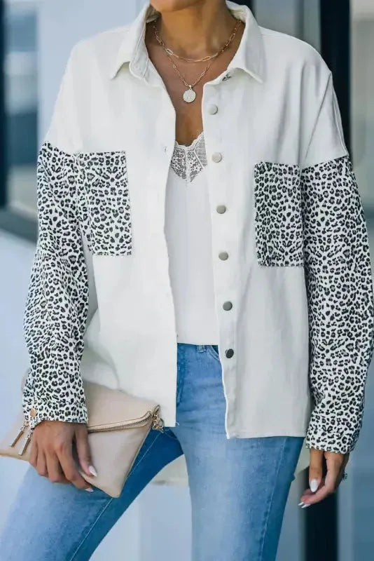 White Contrast Leopard Denim Jacket - Fashionfitz