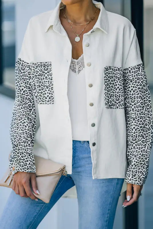 White contrast leopard denim jacket - outerwear