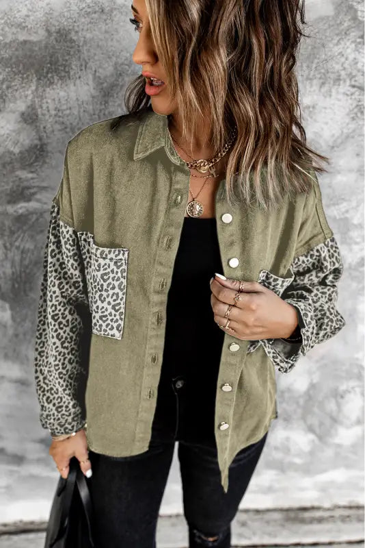 White contrast leopard denim jacket - outerwear