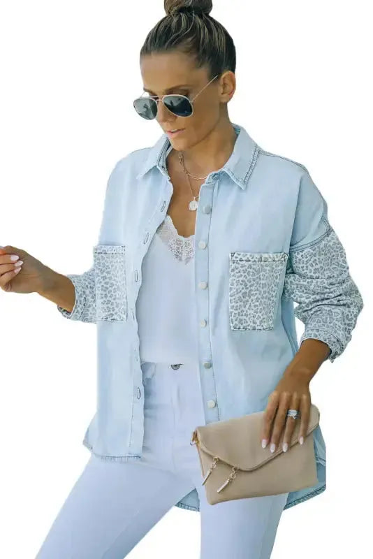 White Contrast Leopard Denim Jacket - Fashionfitz