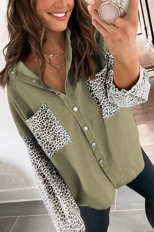 White contrast leopard denim jacket - outerwear