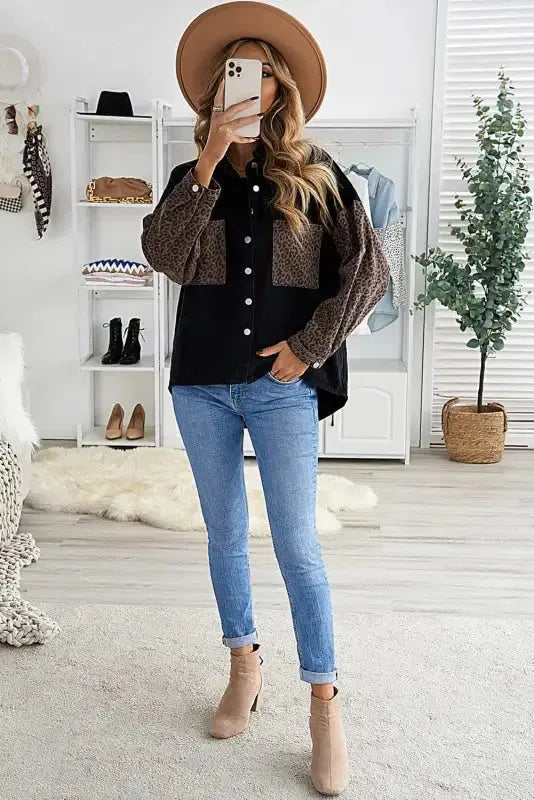 White Contrast Leopard Denim Jacket - Fashionfitz