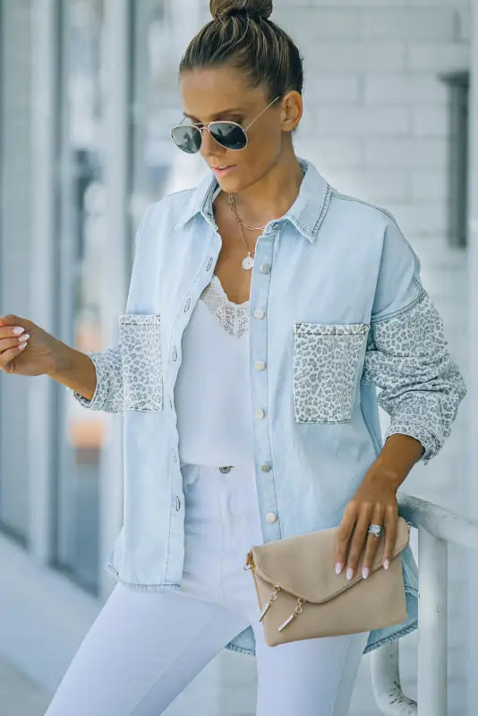 White contrast leopard denim jacket - outerwear