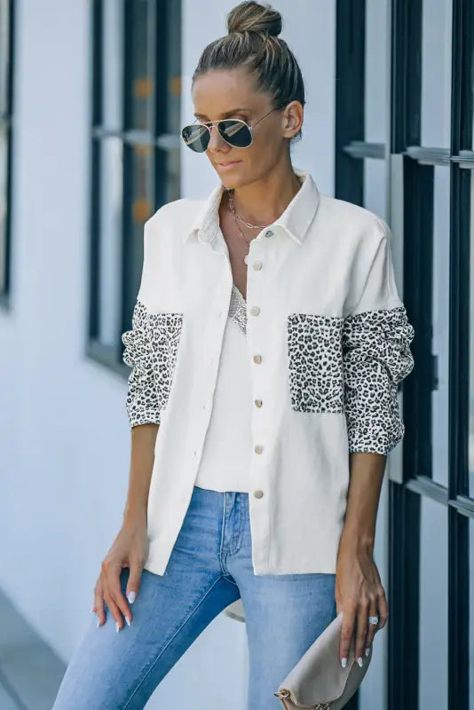 White contrast leopard denim jacket - outerwear