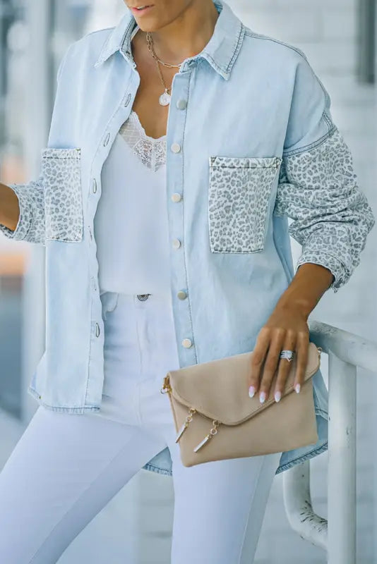 White contrast leopard denim jacket - outerwear