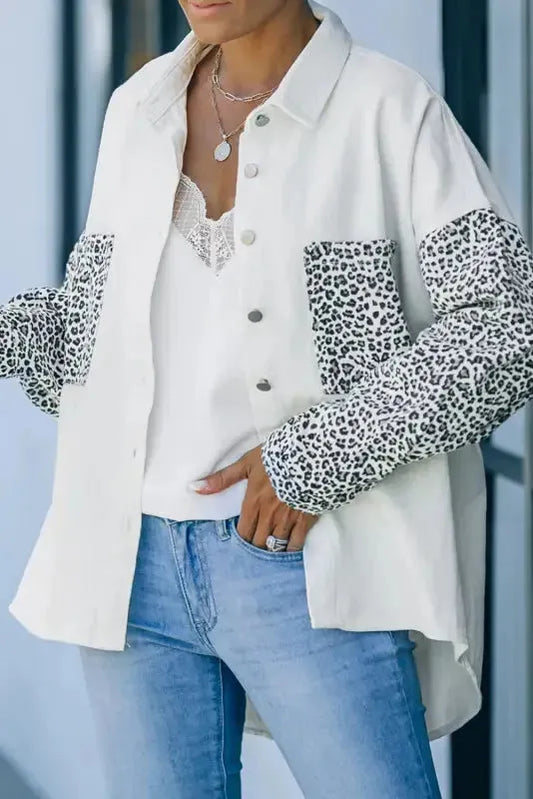White Contrast Leopard Denim Jacket - Fashionfitz