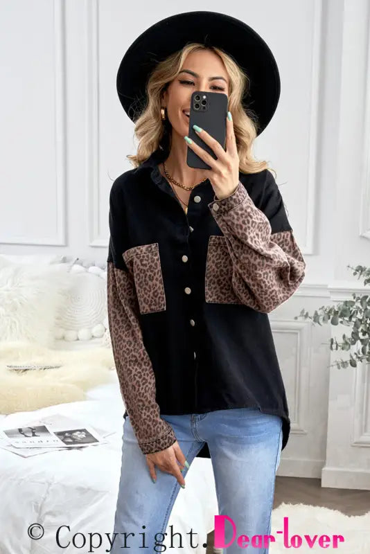 White contrast leopard denim jacket - outerwear