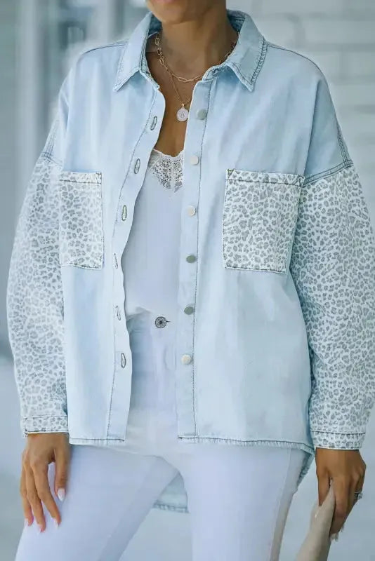 White Contrast Leopard Denim Jacket - Fashionfitz
