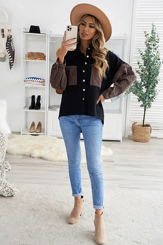 White contrast leopard denim jacket - outerwear