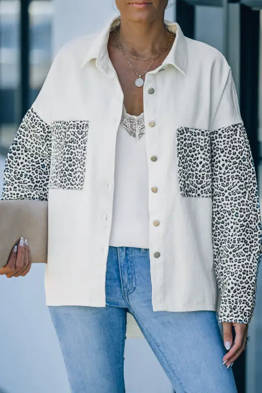 White contrast leopard denim jacket - outerwear