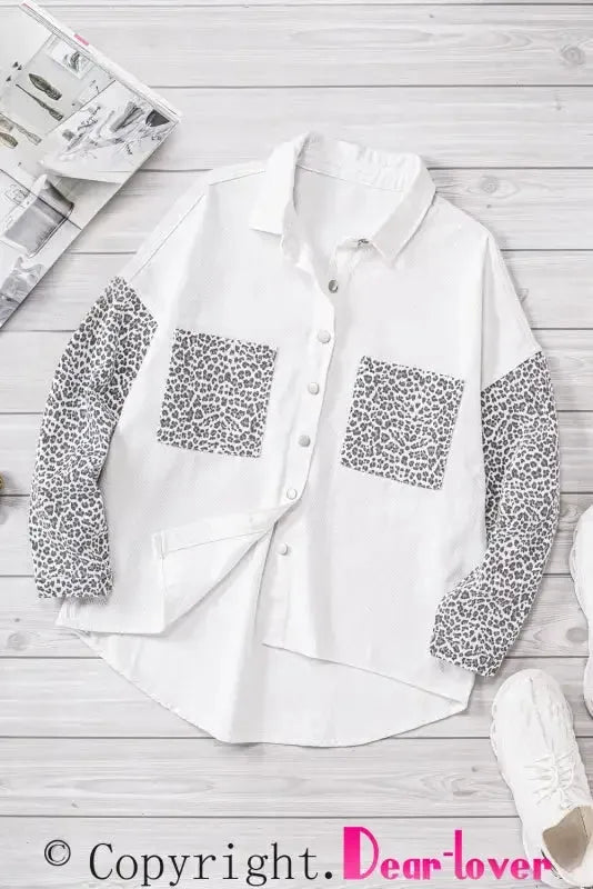 White Contrast Leopard Denim Jacket - Fashionfitz