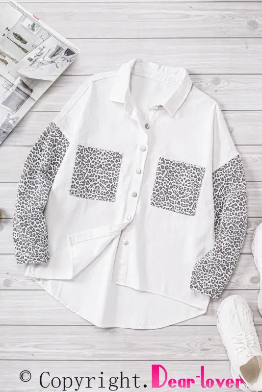 White contrast leopard denim jacket - outerwear