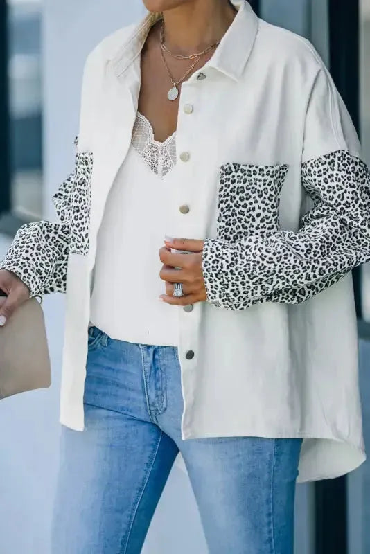 White Contrast Leopard Denim Jacket - Fashionfitz